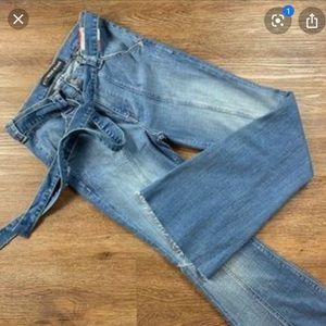 Express flare leg belted raw hem jeans